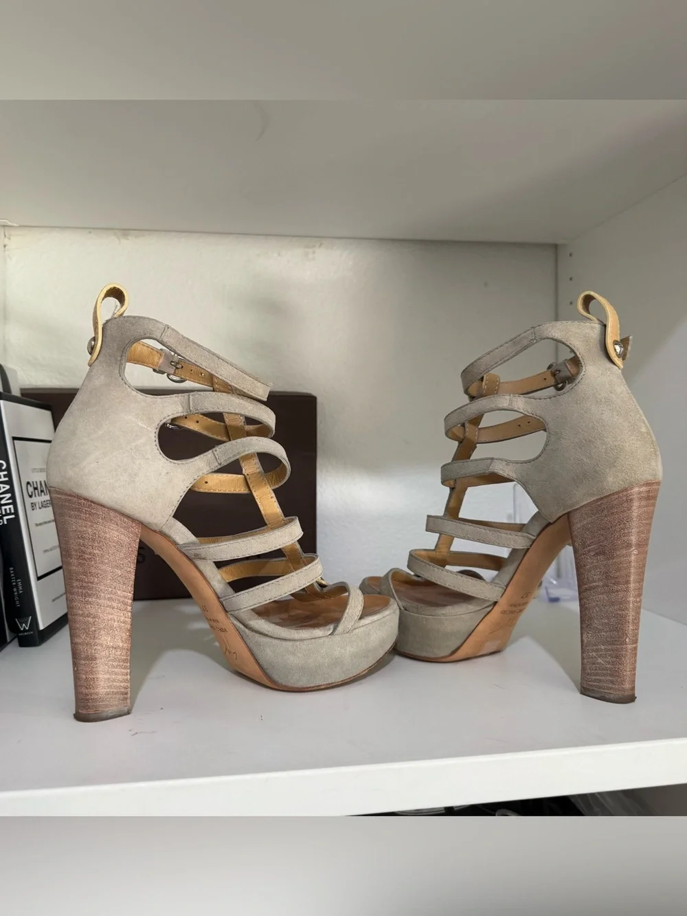 Giuseppe Zanotti Beige Suede Strappy Platform Sandals with Tan Accents